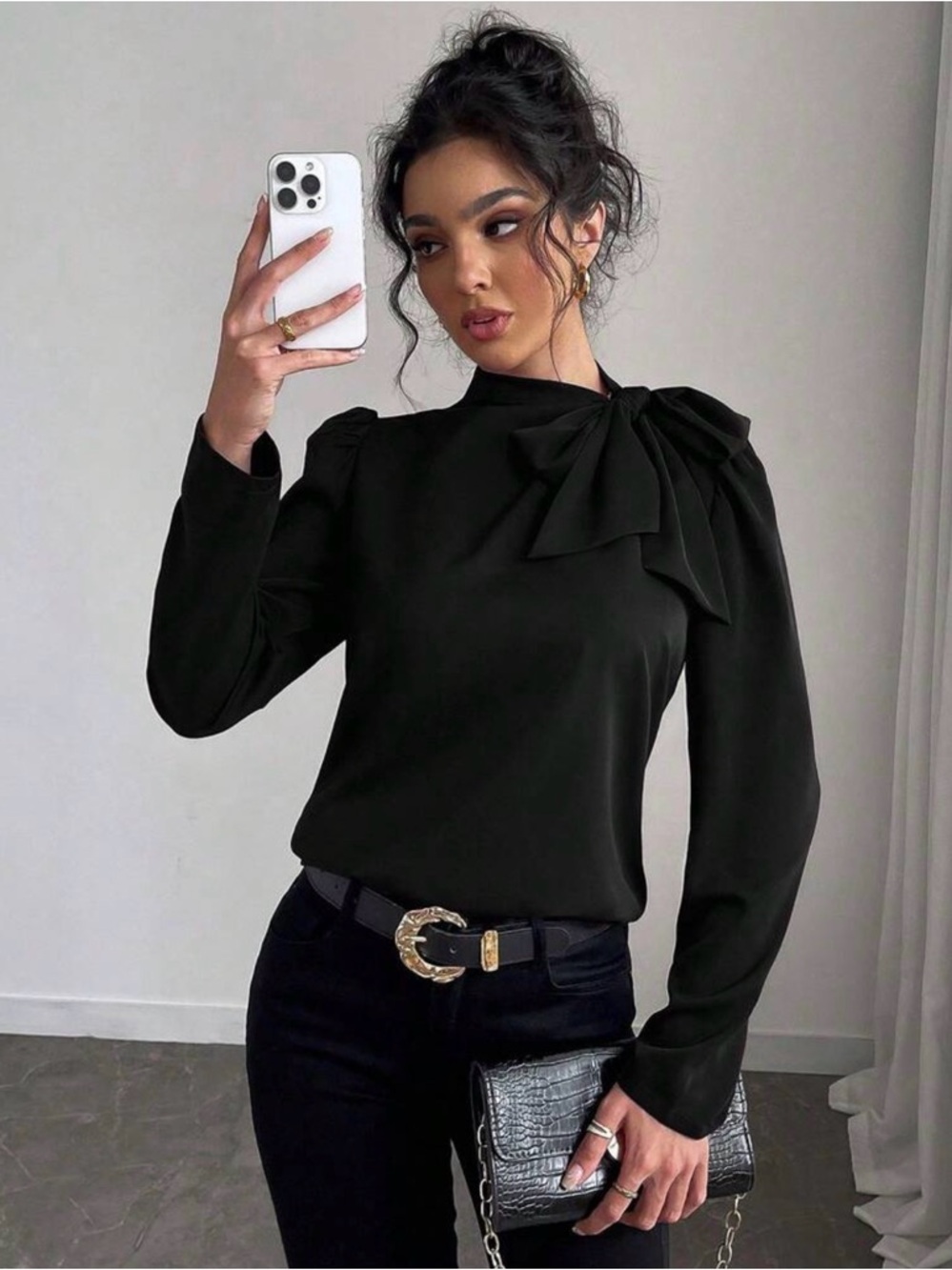 SHEIN Black Bow-Shoulder Long Sleeve Blouse
